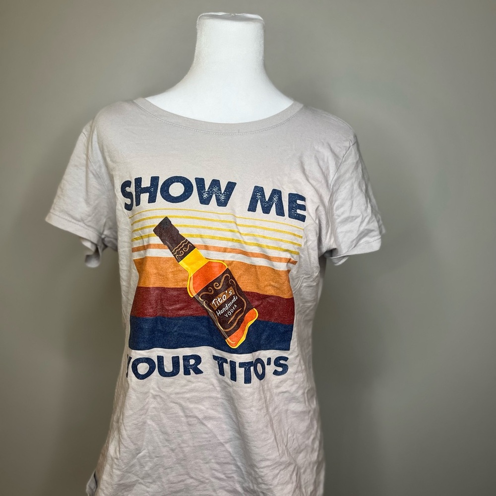 Show Me Your Tito's Graphic Tee - White with Retro Stripes